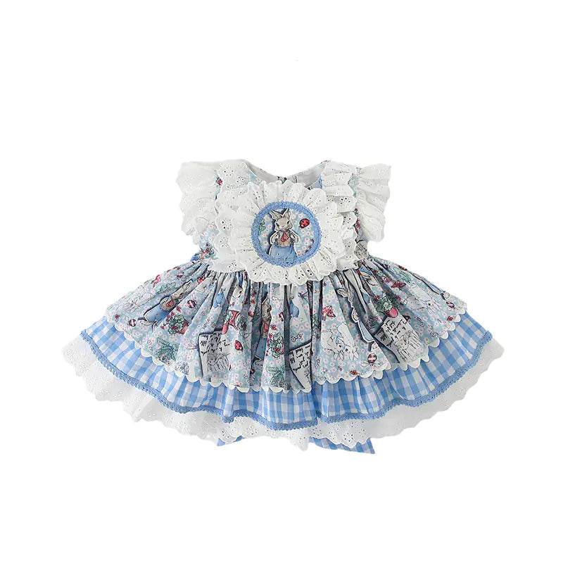 Solstik blue and white princess gown for girls with lace details and floral pattern