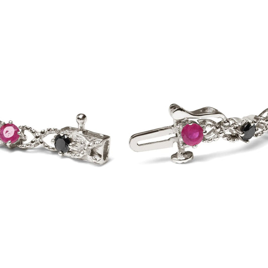 .925 Sterling Silver 1.00 Cttw Treated Black Diamond with 3.00mm Lab Created Pink Ruby 7.25" X-Link Bracelet (Black Color, I2-I3 Clarity) - Solstik