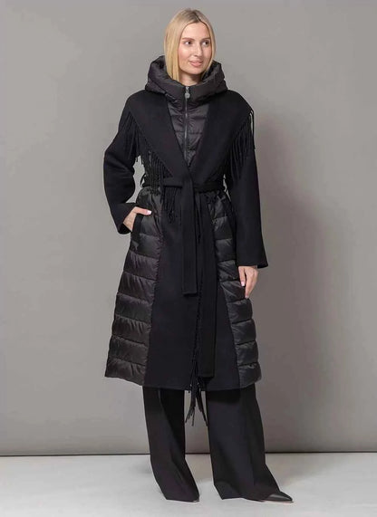 Kennedy Fringe Luxe Down Wool Blend Coat in Black
