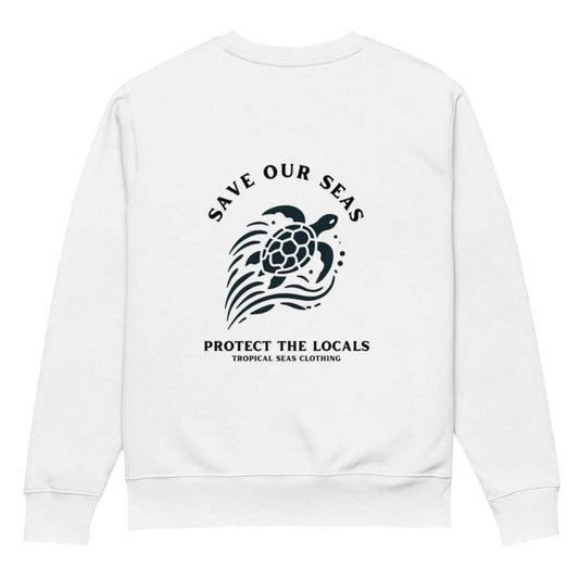 Solstik eco friendly sea turtle sweatshirt in white with Save Our Seas graphic and Protect the Locals text