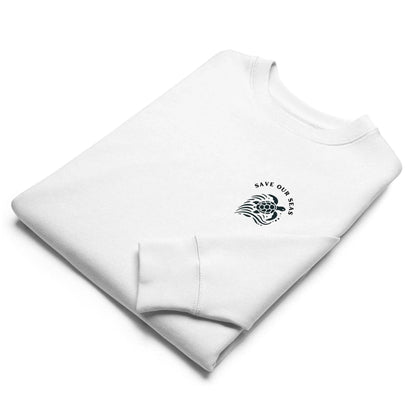 White eco friendly sea turtle sweatshirt with Save Our Seas graphic by Solstik folded neatly