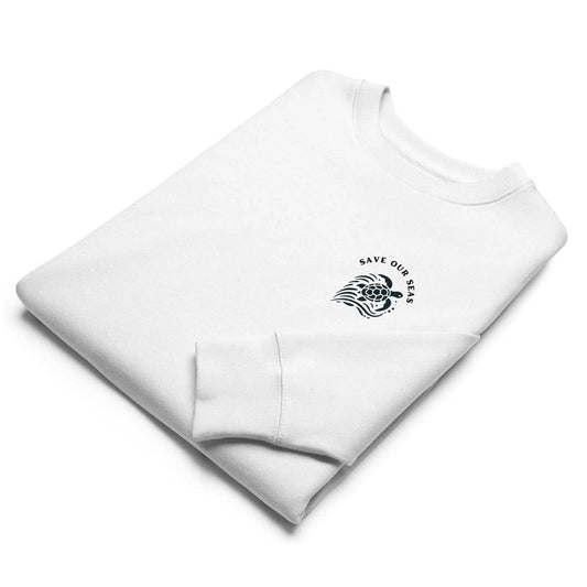 White eco friendly sea turtle sweatshirt with Save Our Seas graphic by Solstik folded neatly