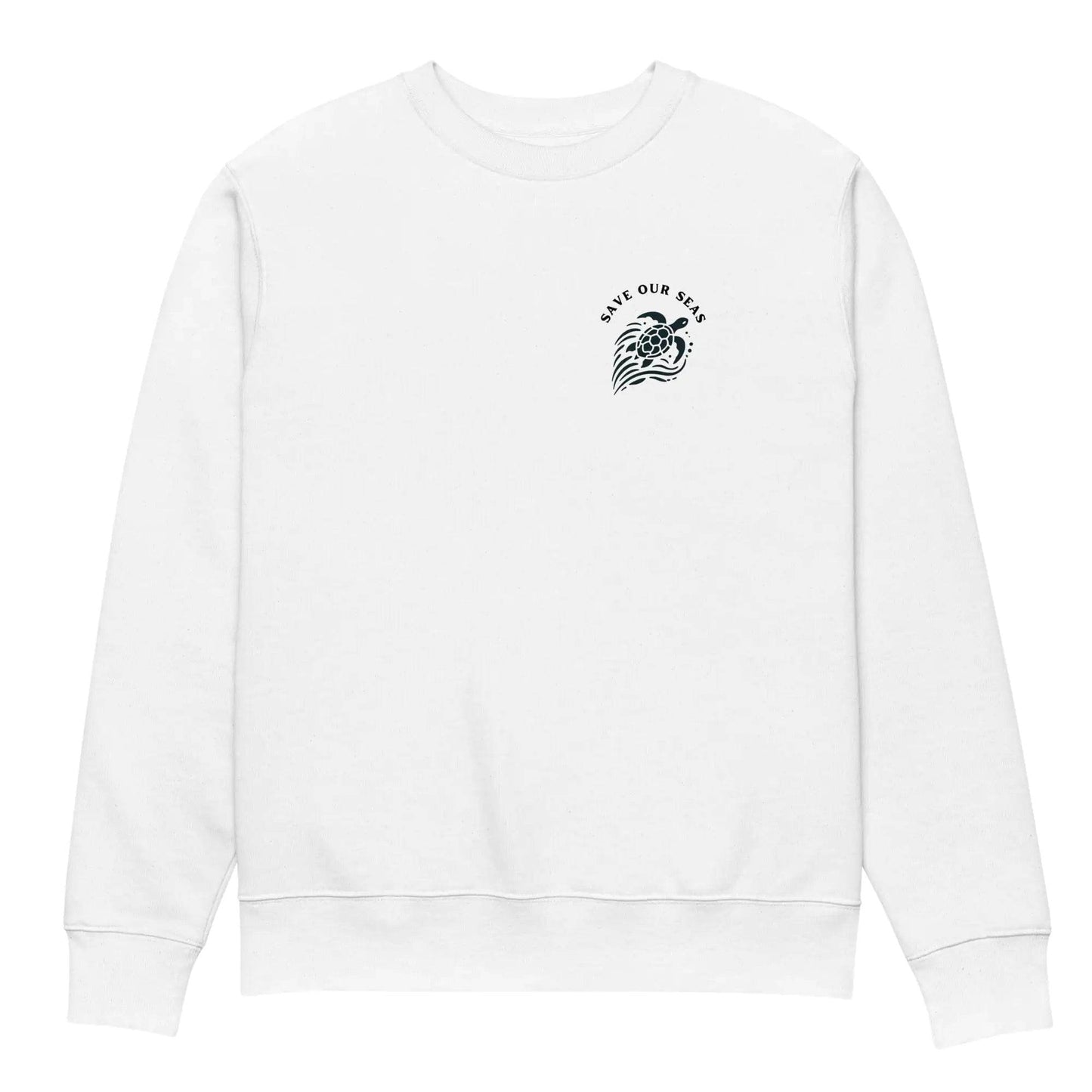 White eco friendly sea turtle sweatshirt with Save Our Seas graphic on chest by Solstik