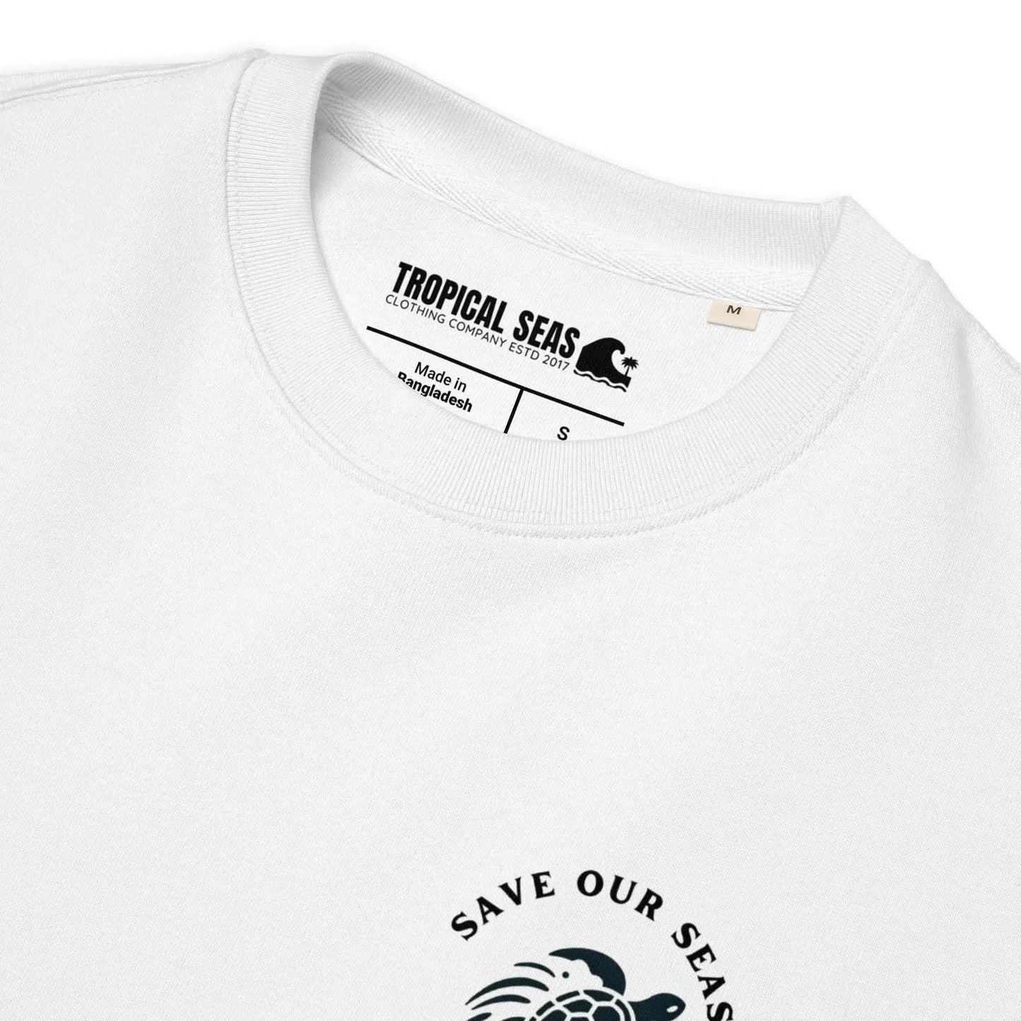 Solstik eco friendly sea turtle sweatshirt white with save our seas graphic and tropical seas label