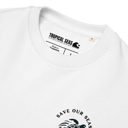 Solstik eco friendly sea turtle sweatshirt white with save our seas graphic and tropical seas label