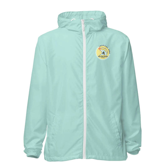 Solstik women's lightweight windbreaker jacket-tropcal-seas in light blue with hood and front zipper