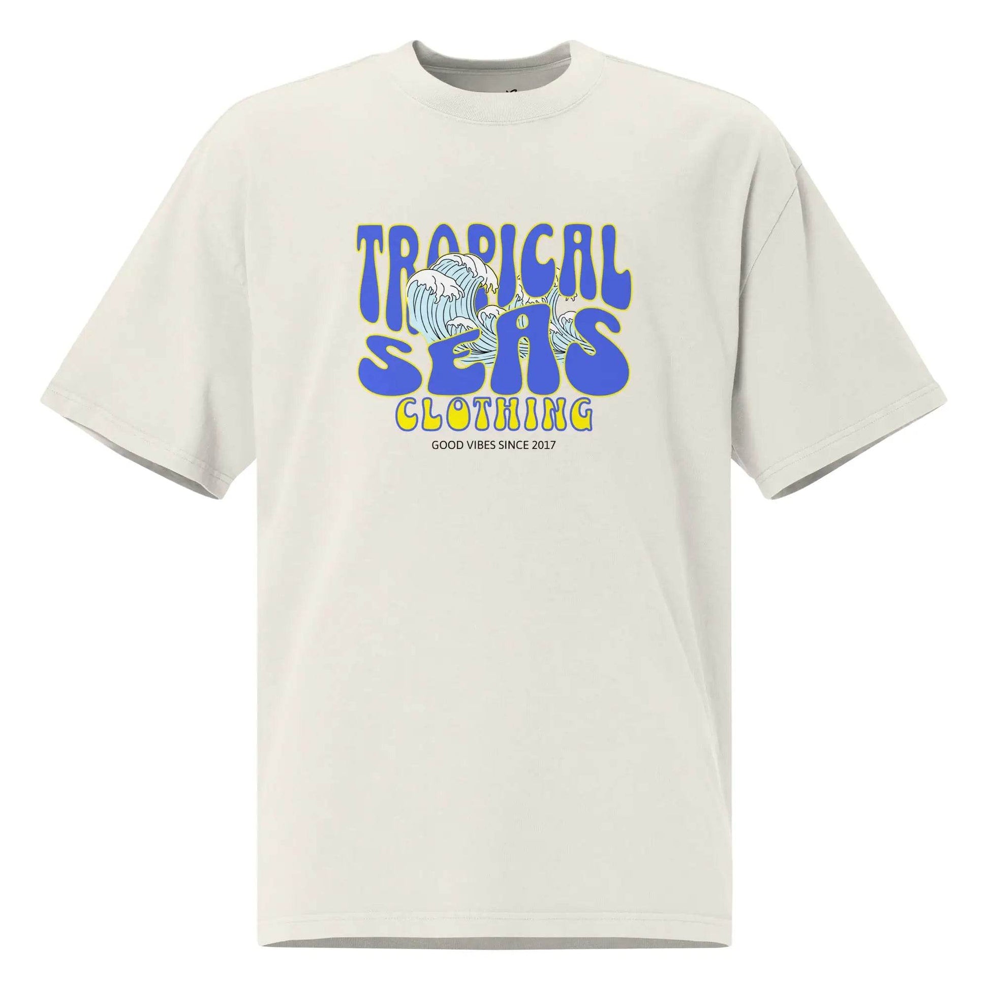 Solstik statement oversized summer shirt in light beige with tropical seas graphic and short sleeves
