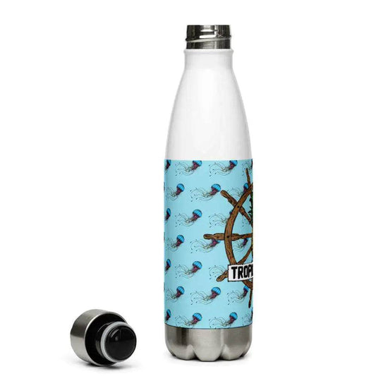 Solstik unique designer water bottle with blue jellyfish pattern and metal lid