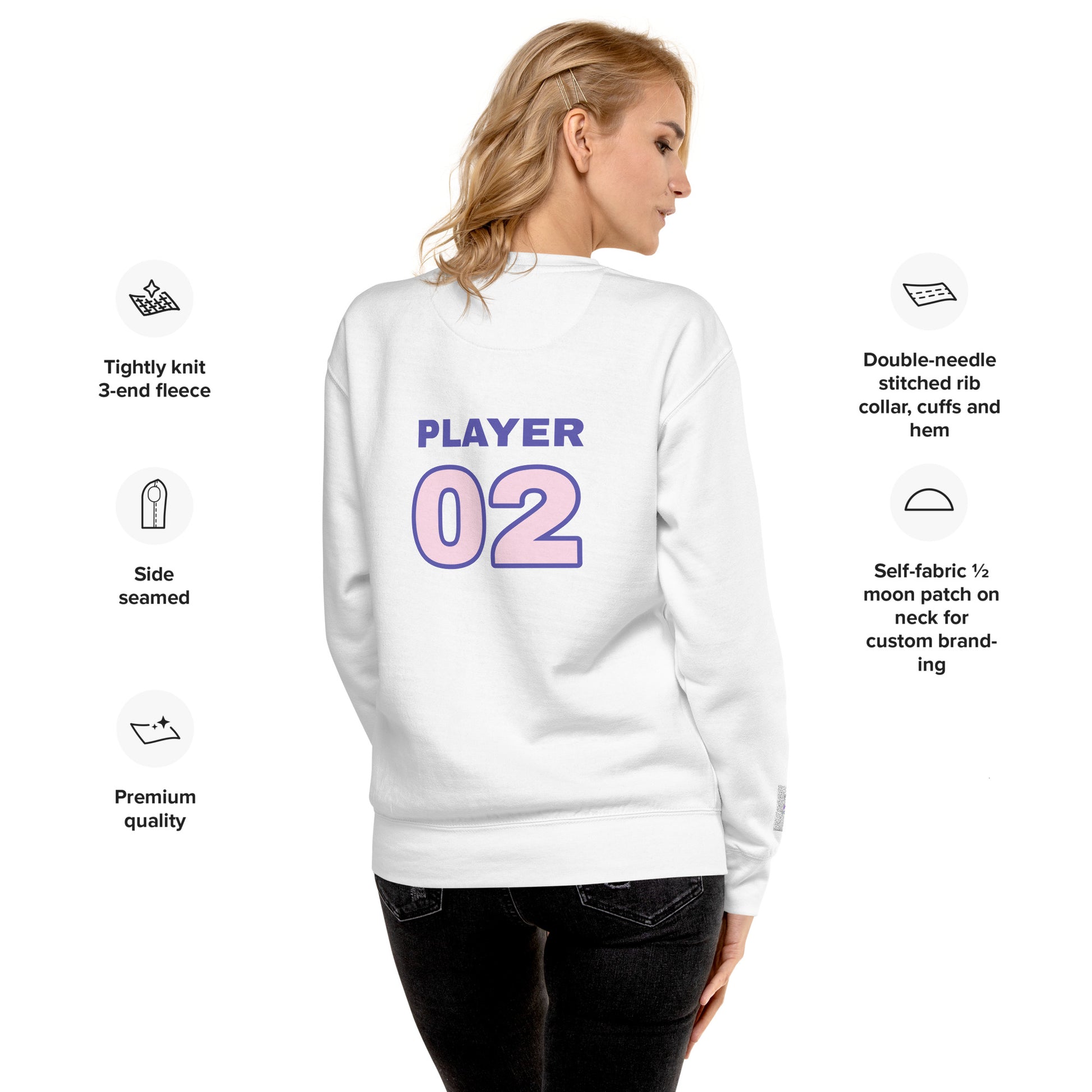 Solstik exclusive fleece crewneck white back print PLAYER 02 modeled by woman with product icons