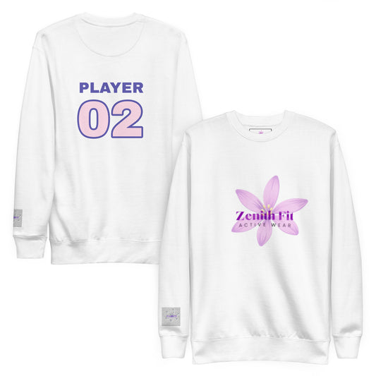 Solstik white sweatshirt front and back with purple Zenith Fit logo and PLAYER 02 print exclusive fleece crewneck