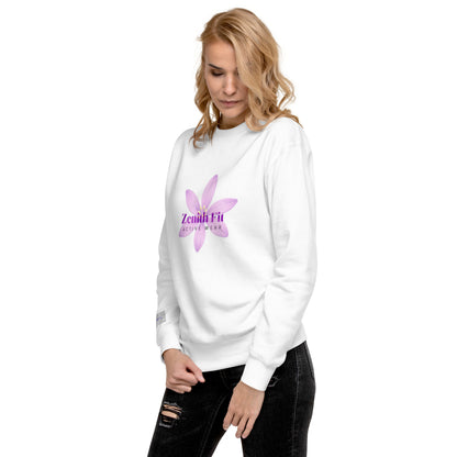 Solstik woman wearing white exclusive fleece crewneck with purple Zenitha Fit flower logo styled casually