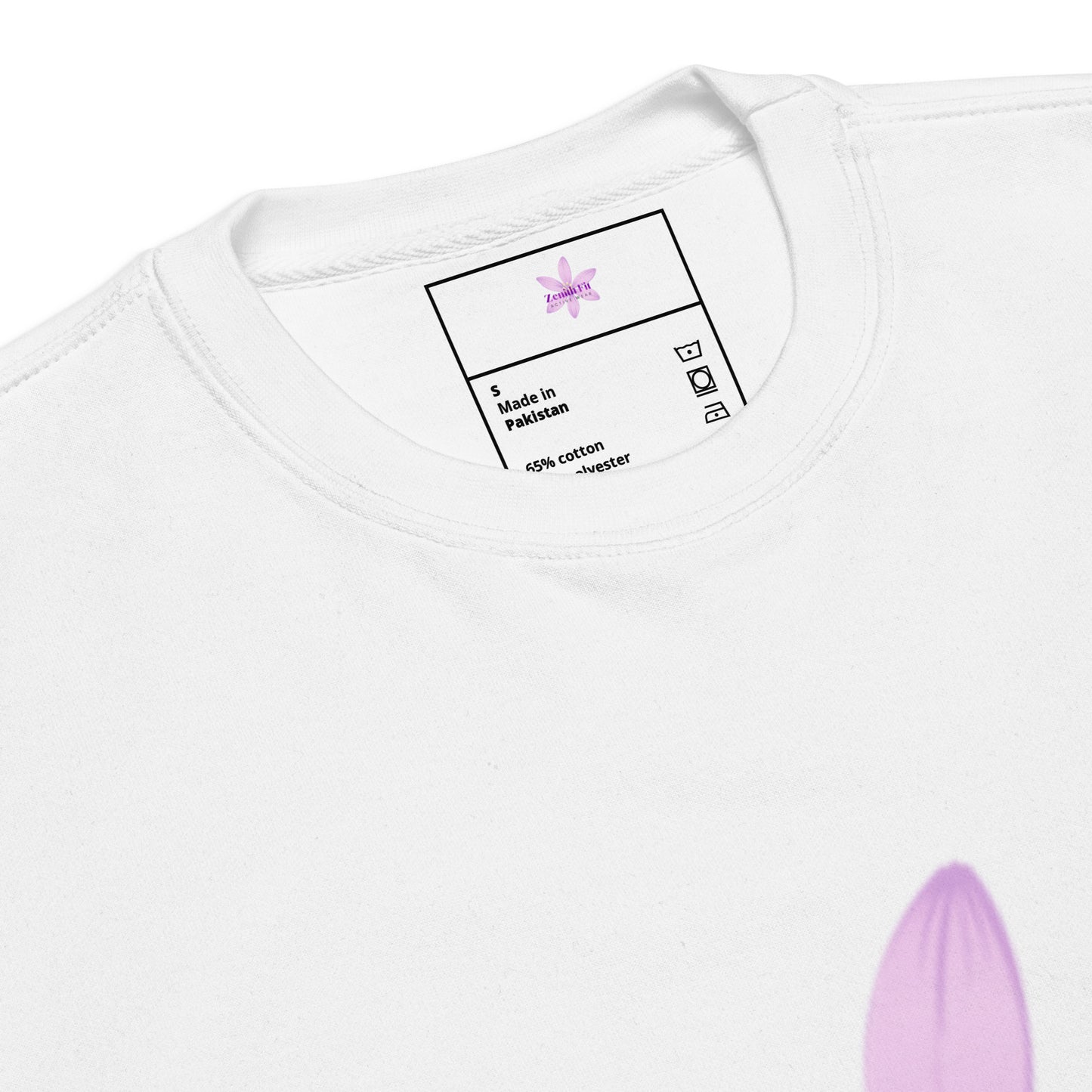 Solstik white exclusive fleece crewneck closeup of neckline and care label with purple petal print detail