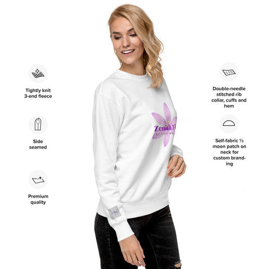 Solstik women white sweatshirt with purple flower logo shown on model wearing exclusive fleece crewneck