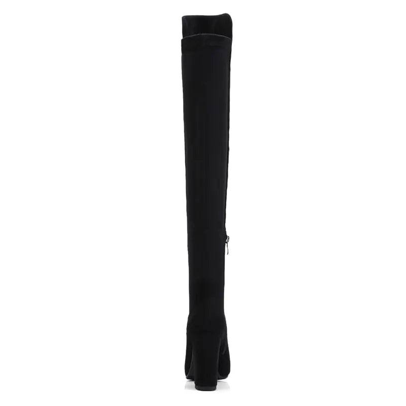 Solstik black velvet stretch thigh high boots with block heel and back zipper closure