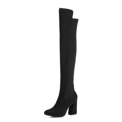 Solstik black velvet stretch thigh high boots with block heels and pointed toes