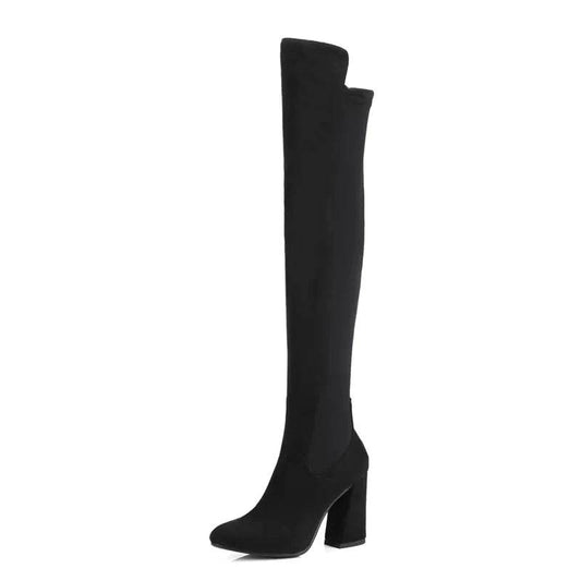 Solstik black velvet stretch thigh high boots with block heels and pointed toes
