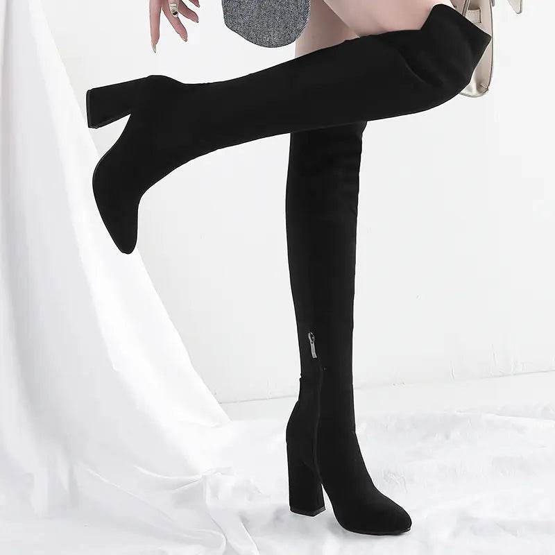 Solstik black velvet stretch thigh high boots with block heels and side zippers