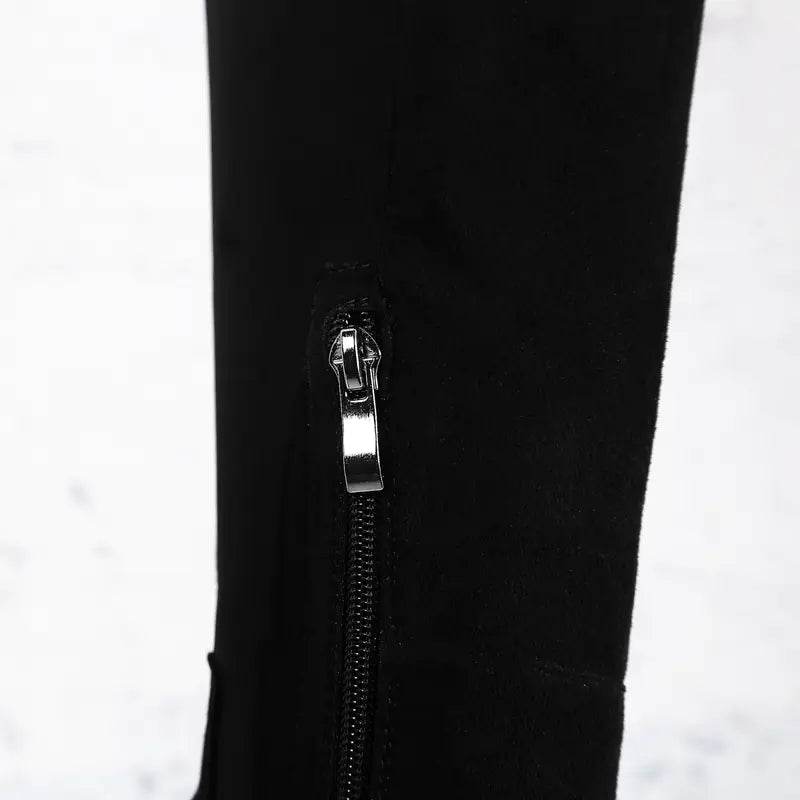 Close-up of black velvet stretch thigh high boots zipper detail by Solstik