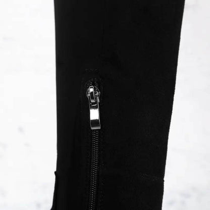 Close-up of black velvet stretch thigh high boots zipper detail by Solstik