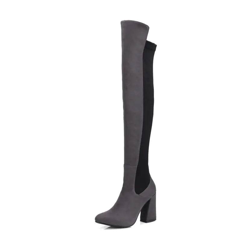 Solstik gray velvet stretch thigh high boots with block heel and fitted silhouette