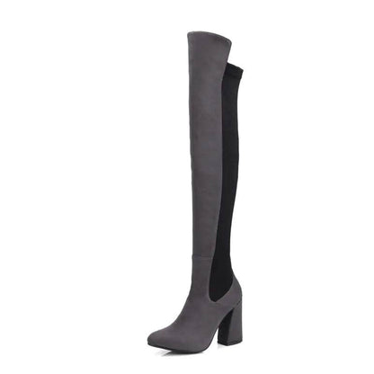 Solstik velvet stretch thigh high boots in gray with block heel and black stretchy panel