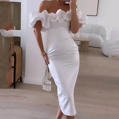 Solstik white chic cocktail dress with off shoulder ruffle detail and fitted silhouette