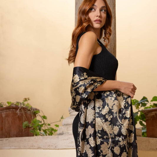 Esmeralda - Silk Scarf Shawl - Black & Gold - Solstik