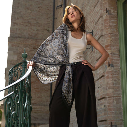 Helena - Silk Scarf Shawl - Brown and Blue - Solstik