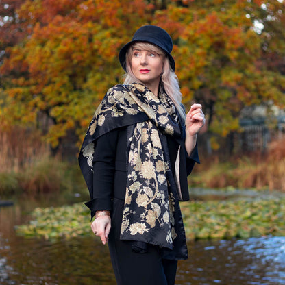Esmeralda - Silk Scarf Shawl - Black & Gold - Solstik