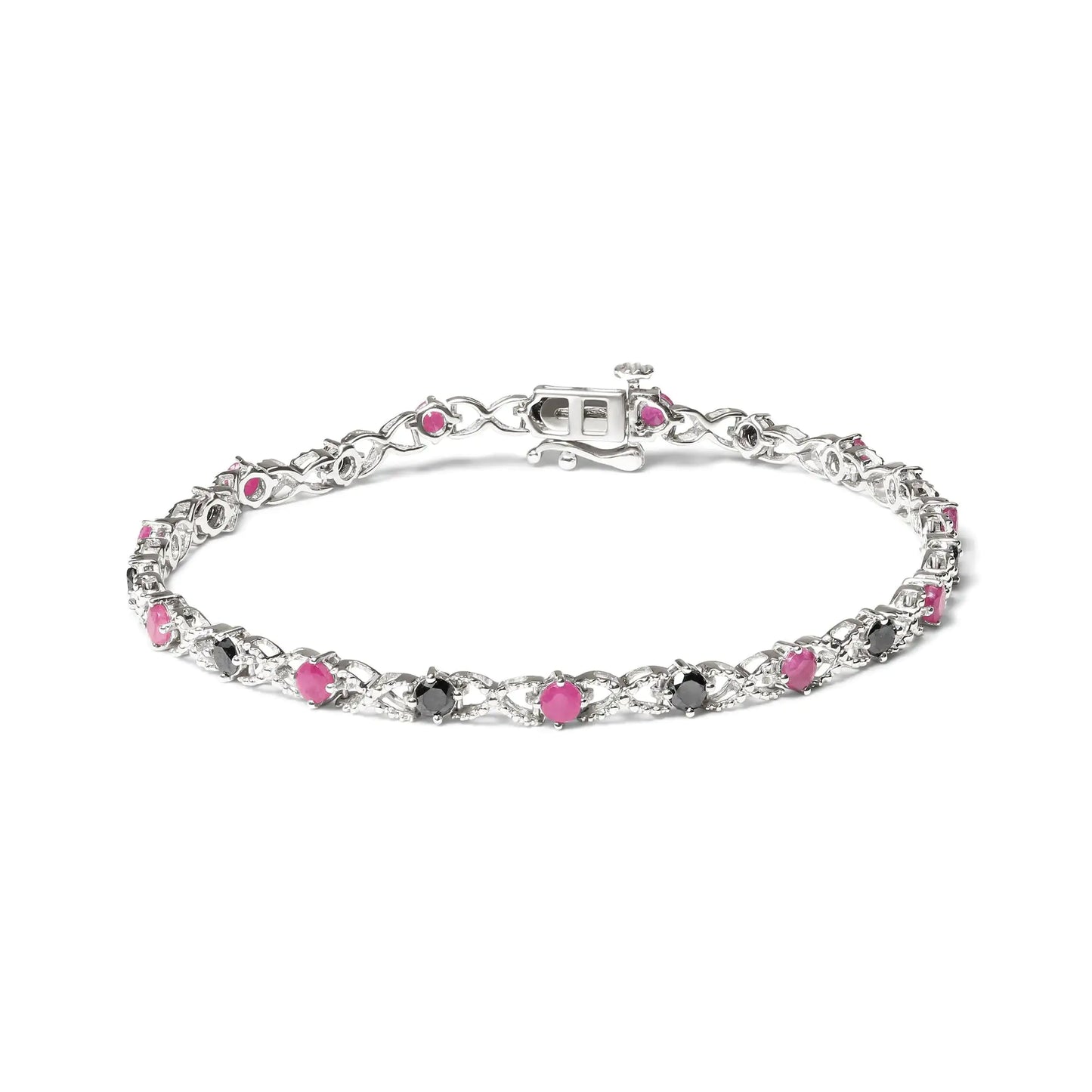 .925 Sterling Silver 1.00 Cttw Treated Black Diamond with 3.00mm Lab Created Pink Ruby 7.25" X-Link Bracelet (Black Color, I2-I3 Clarity) - Solstik