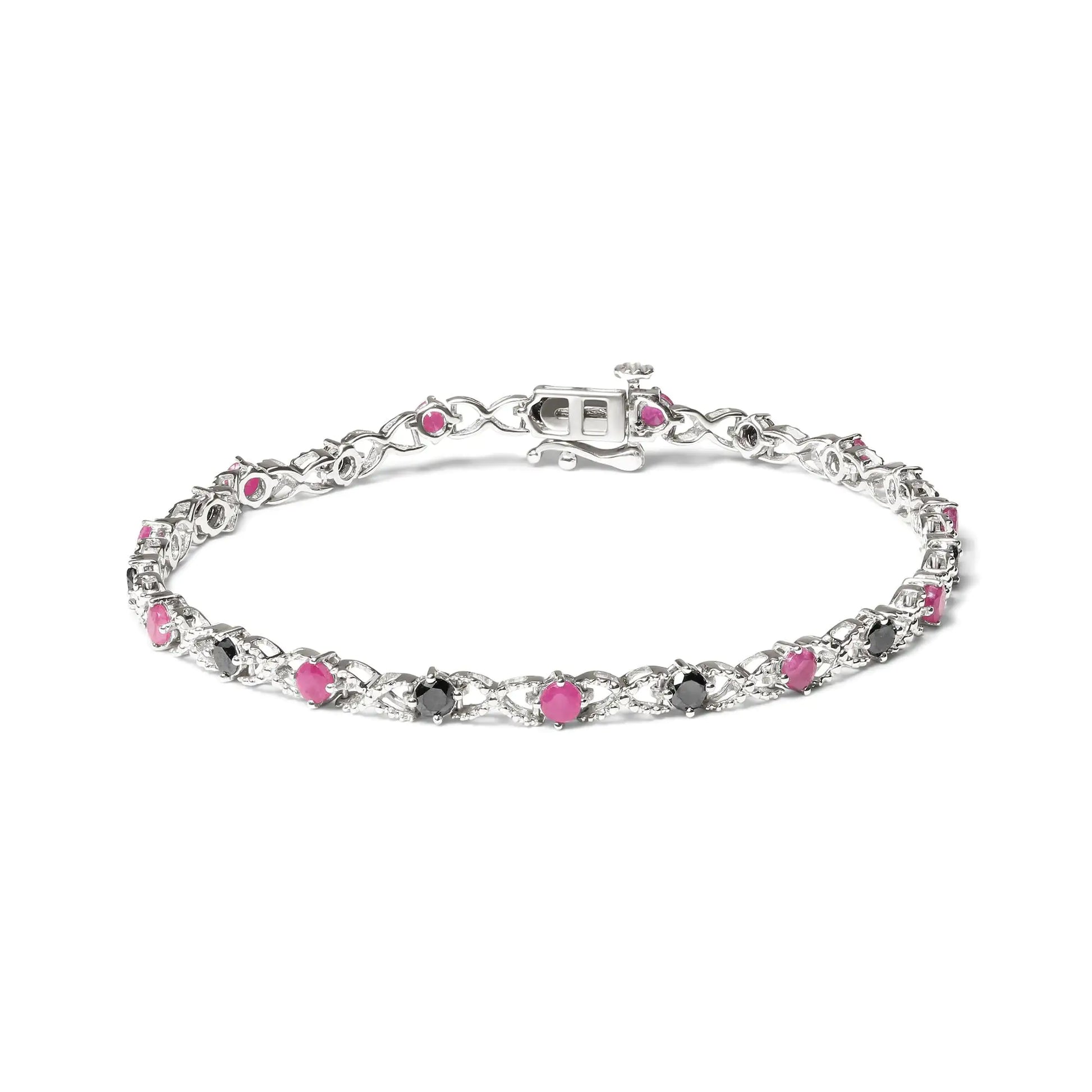 .925 Sterling Silver 1.00 Cttw Treated Black Diamond with 3.00mm Lab Created Pink Ruby 7.25" X-Link Bracelet (Black Color, I2-I3 Clarity) - Solstik