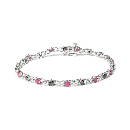 .925 Sterling Silver 1.00 Cttw Treated Black Diamond with 3.00mm Lab Created Pink Ruby 7.25" X-Link Bracelet (Black Color, I2-I3 Clarity) - Solstik