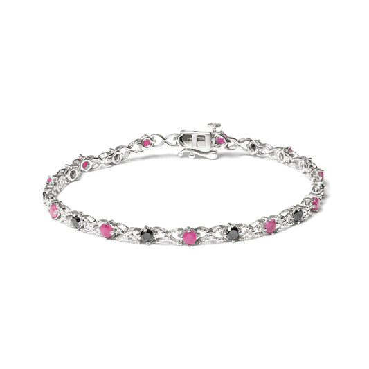 .925 Sterling Silver 1.00 Cttw Treated Black Diamond with 3.00mm Lab Created Pink Ruby 7.25" X-Link Bracelet (Black Color, I2-I3 Clarity) - Solstik