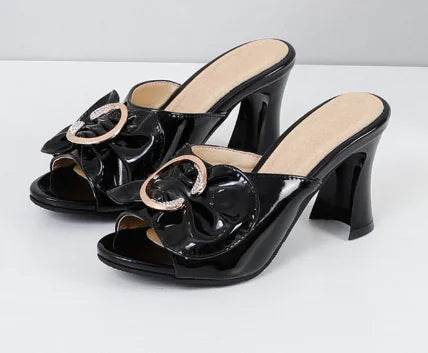 Thick-Heeled Rhinestone Sandals and Slippers - Solstik