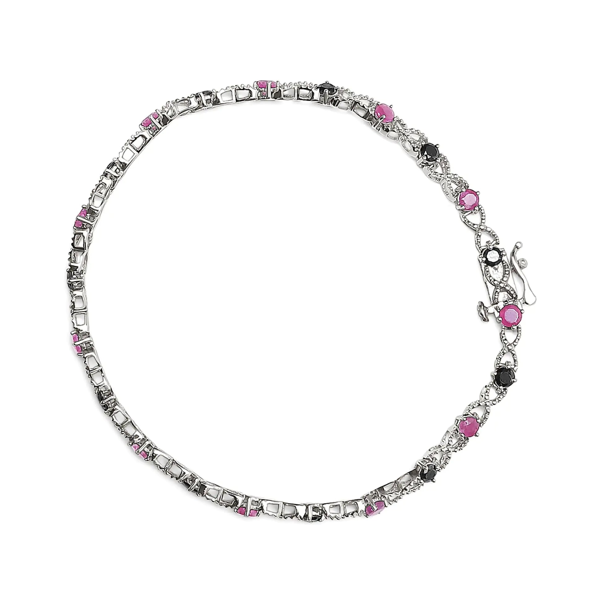 .925 Sterling Silver 1.00 Cttw Treated Black Diamond with 3.00mm Lab Created Pink Ruby 7.25" X-Link Bracelet (Black Color, I2-I3 Clarity) - Solstik