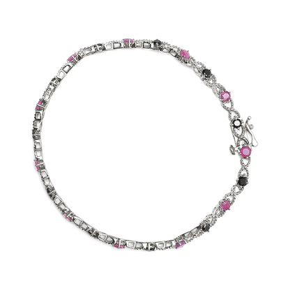 .925 Sterling Silver 1.00 Cttw Treated Black Diamond with 3.00mm Lab Created Pink Ruby 7.25" X-Link Bracelet (Black Color, I2-I3 Clarity) - Solstik
